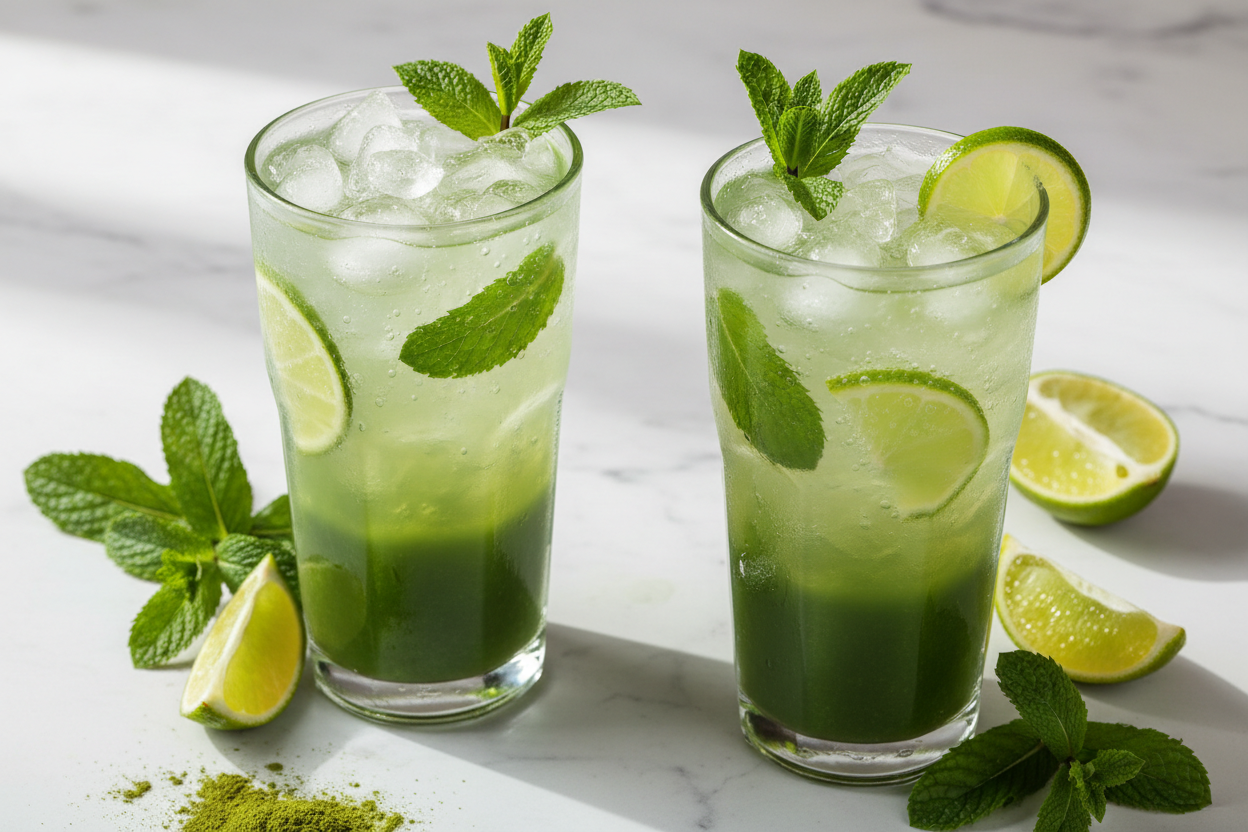 Cocktail au rhum et matcha, menthe & citron vert