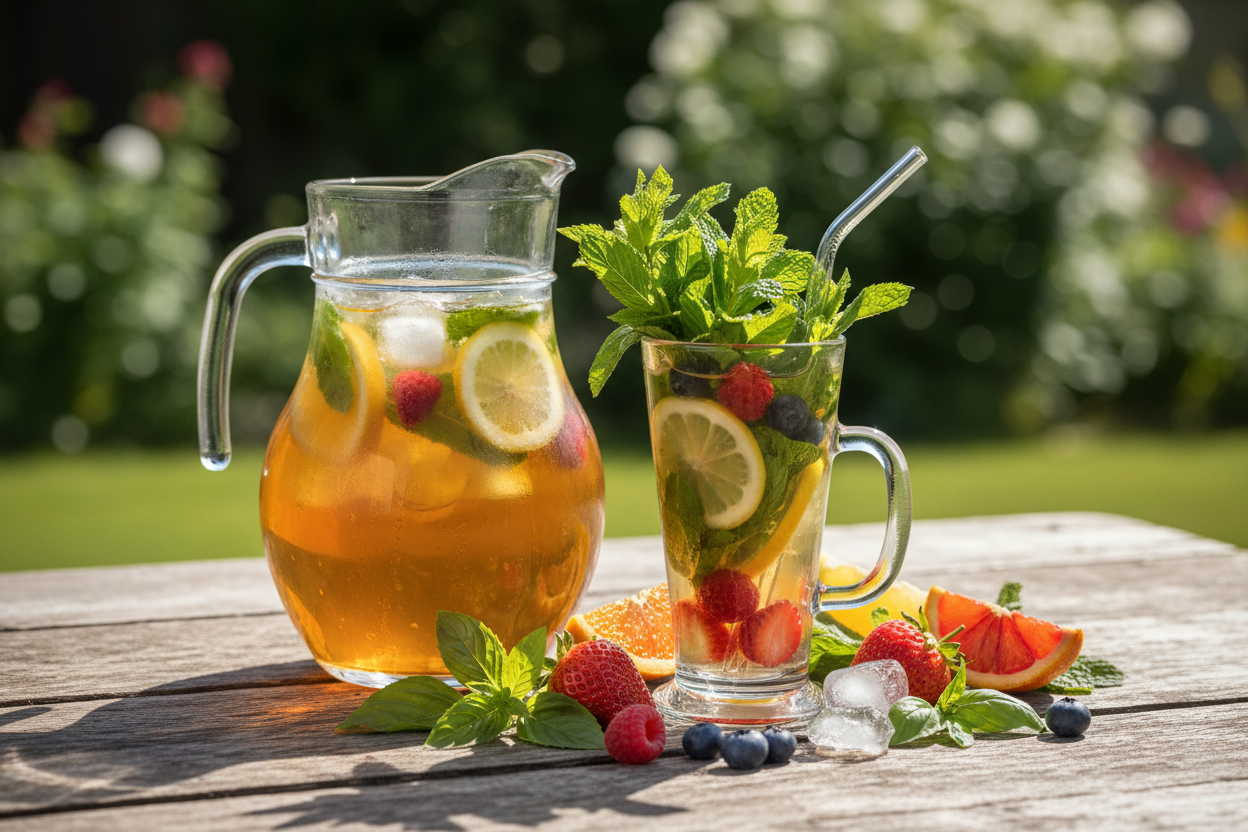 Thé glacé, herbes et fruits pour une journée ensoleillée