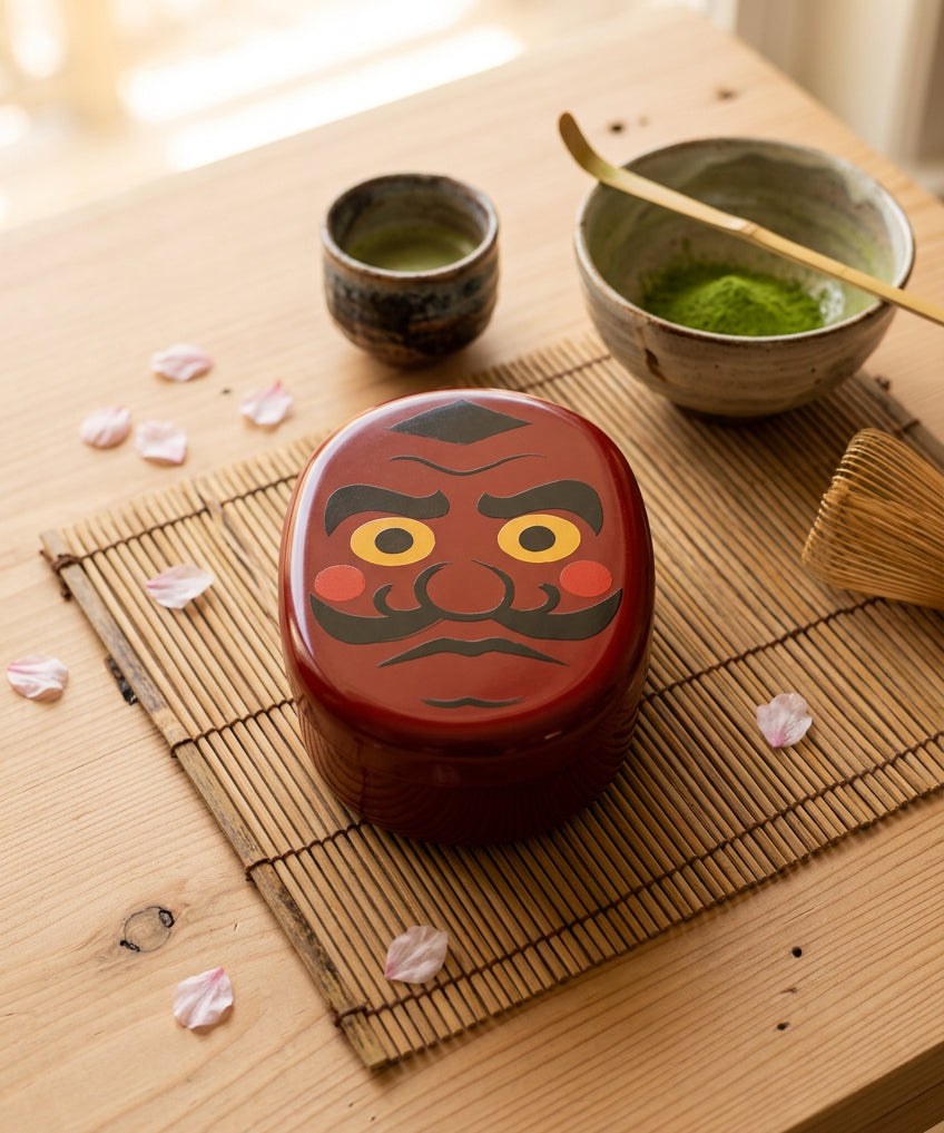 Couvercle de bento rouge décoré d’un visage de Daruma aux yeux jaunes.