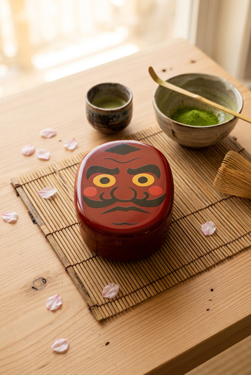 Couvercle de bento rouge décoré d’un visage de Daruma aux yeux jaunes.