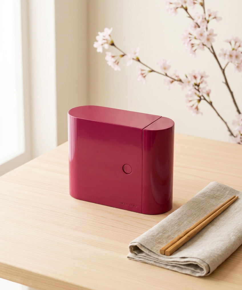 Boîtier bento japonais rose fermé.