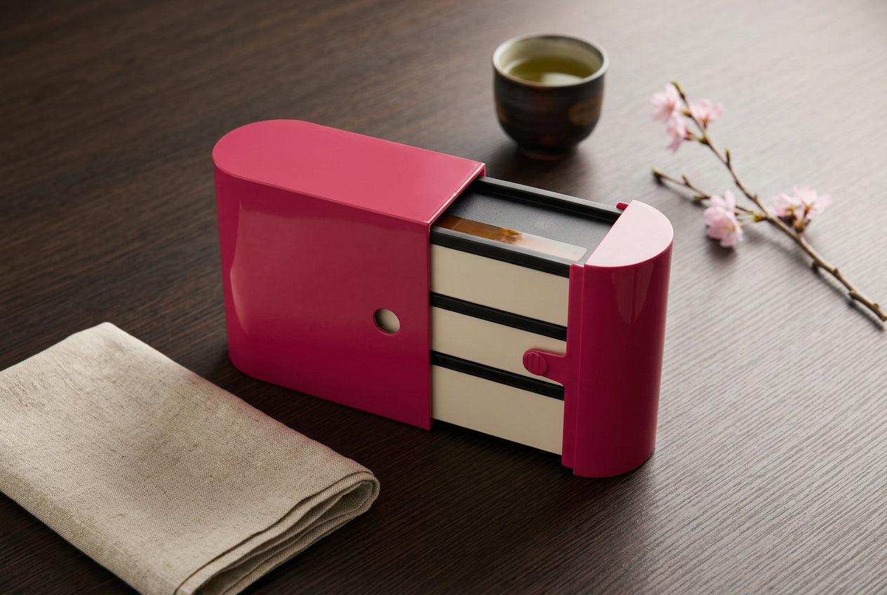 Boîtier bento rose ouvert laissant voir trois boîtes superposées.
