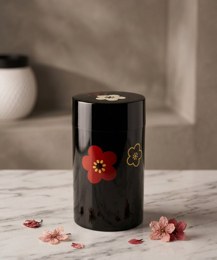 Boîte à thé japonaise noire à fleurs rouges – Fabriquée au Japon