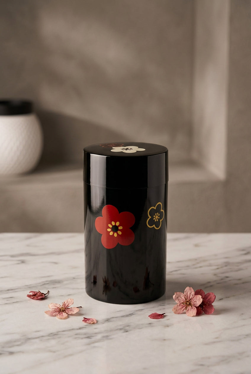 Boîte à thé japonaise noire à fleurs rouges – Fabriquée au Japon