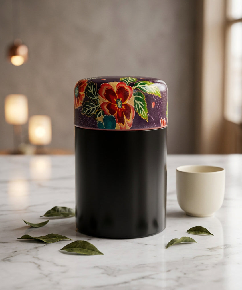 Boîte à thé japonaise noire au couvercle fleuri – Fabriquée au Japon