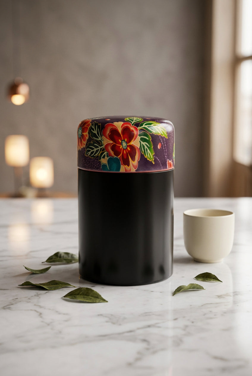 Boîte à thé japonaise noire au couvercle fleuri – Fabriquée au Japon