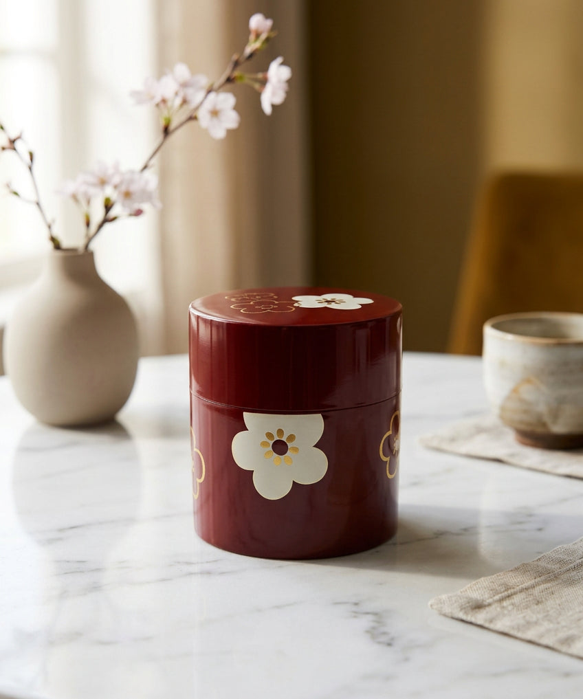 Boîte à thé japonaise rouge à fleurs – Fabriquée au Japon