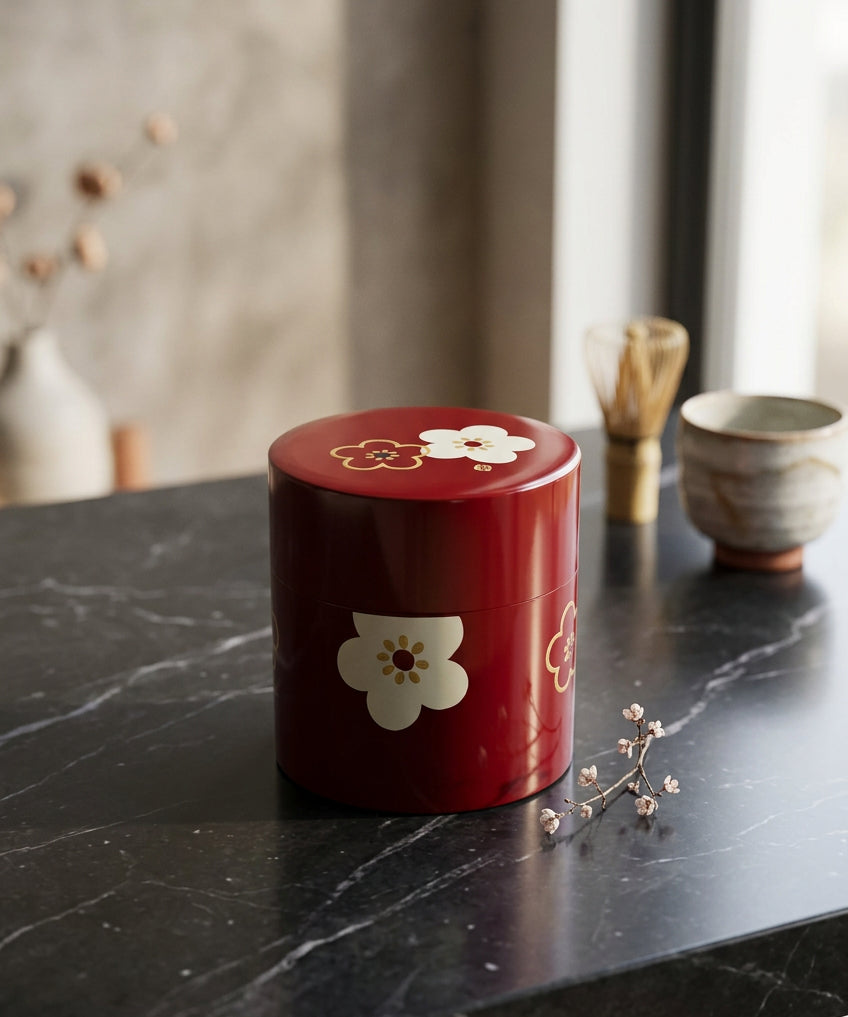 Boîte à thé japonaise rouge à fleurs – Fabriquée au Japon