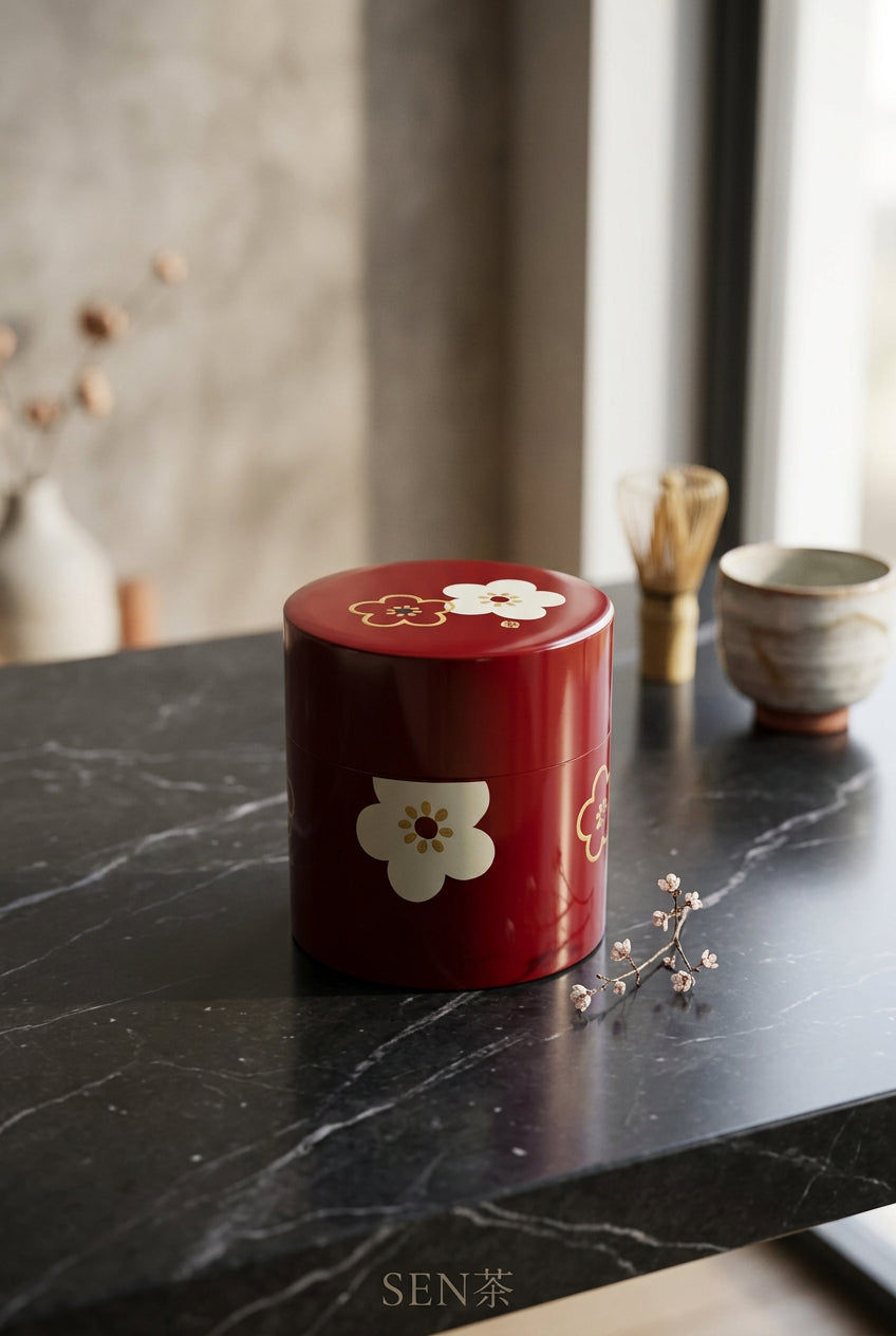 Boîte à thé japonaise rouge à fleurs – Fabriquée au Japon