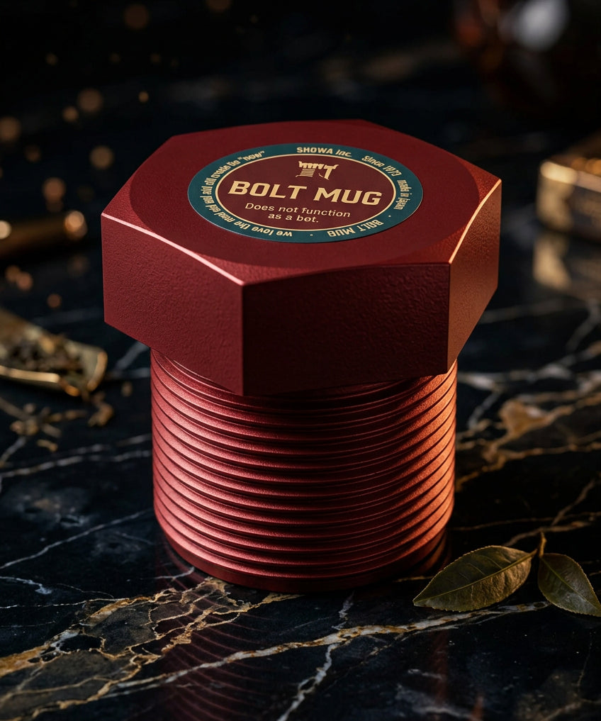 Boîte à thé rouge en forme de boulon, vue de dessus.