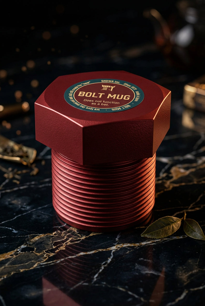 Boîte à thé rouge en forme de boulon, vue de dessus.