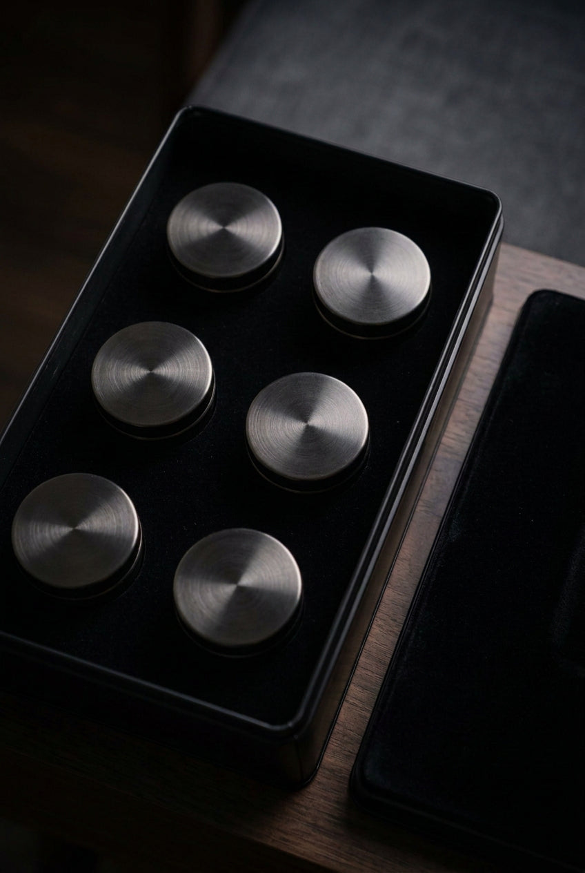Coffret noir ouvert présentant six boîtes rondes dans leur rangement.