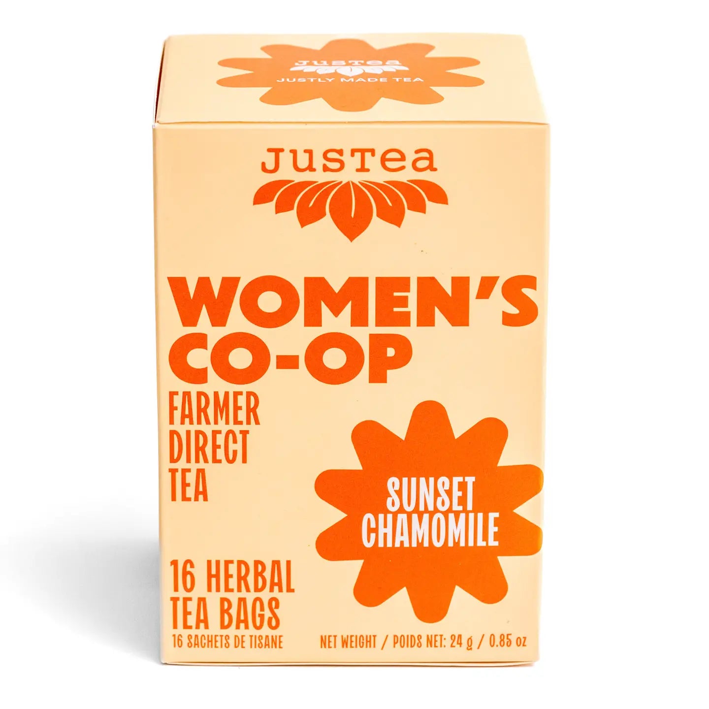 Boîte de sachets de thé à la camomille Sunset bio et commerce équitable de JusTea