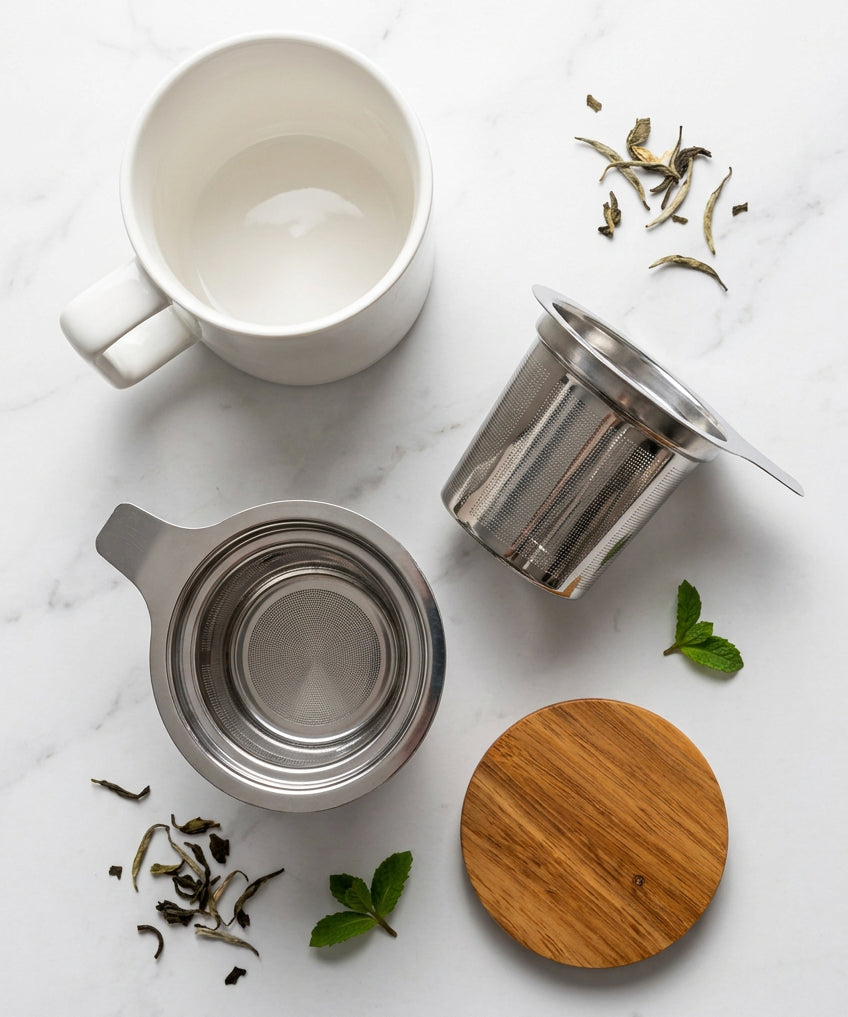 Tasse blanche, infuseur amovible en métal et couvercle effet bois.