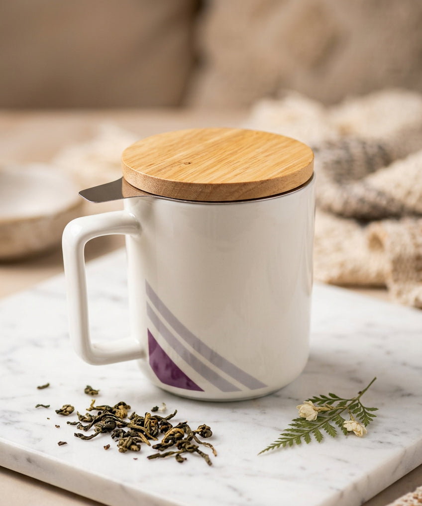 Tasse à thé blanche avec couvercle effet bois et poignée rectangulaire.