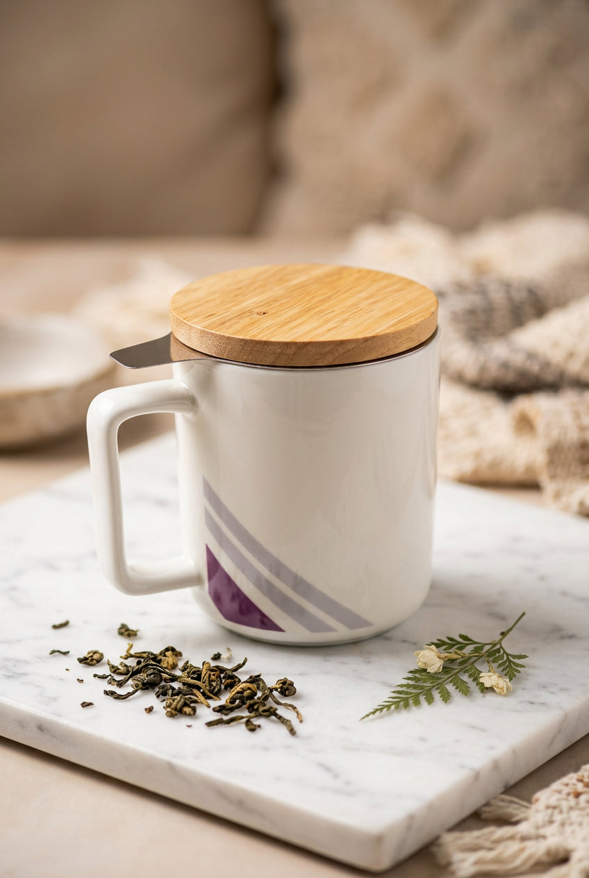 Tasse à thé blanche avec couvercle effet bois et poignée rectangulaire.