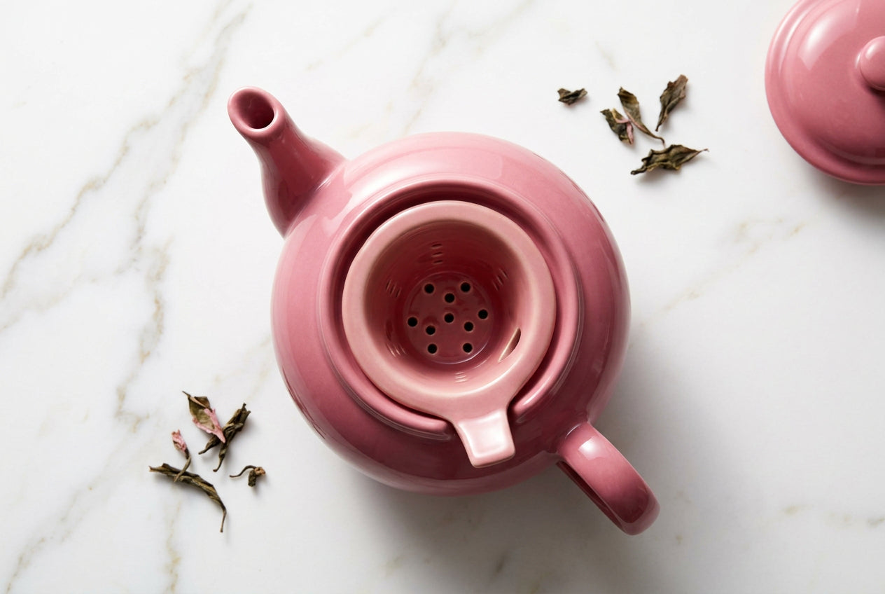 Vue de dessus de la théière rose et de son filtre en porcelaine perforé.