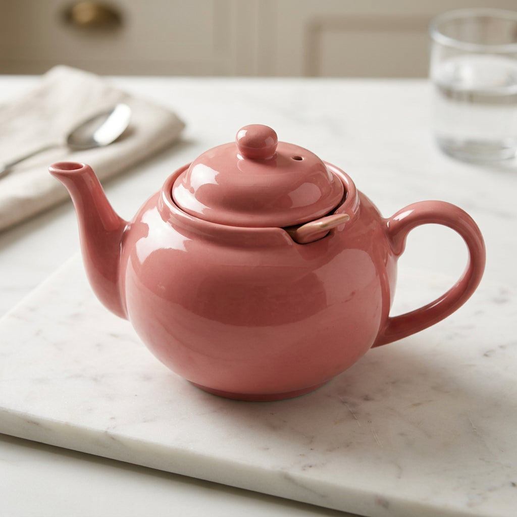 Théière rose en porcelaine avec couvercle et poignée arrondie.